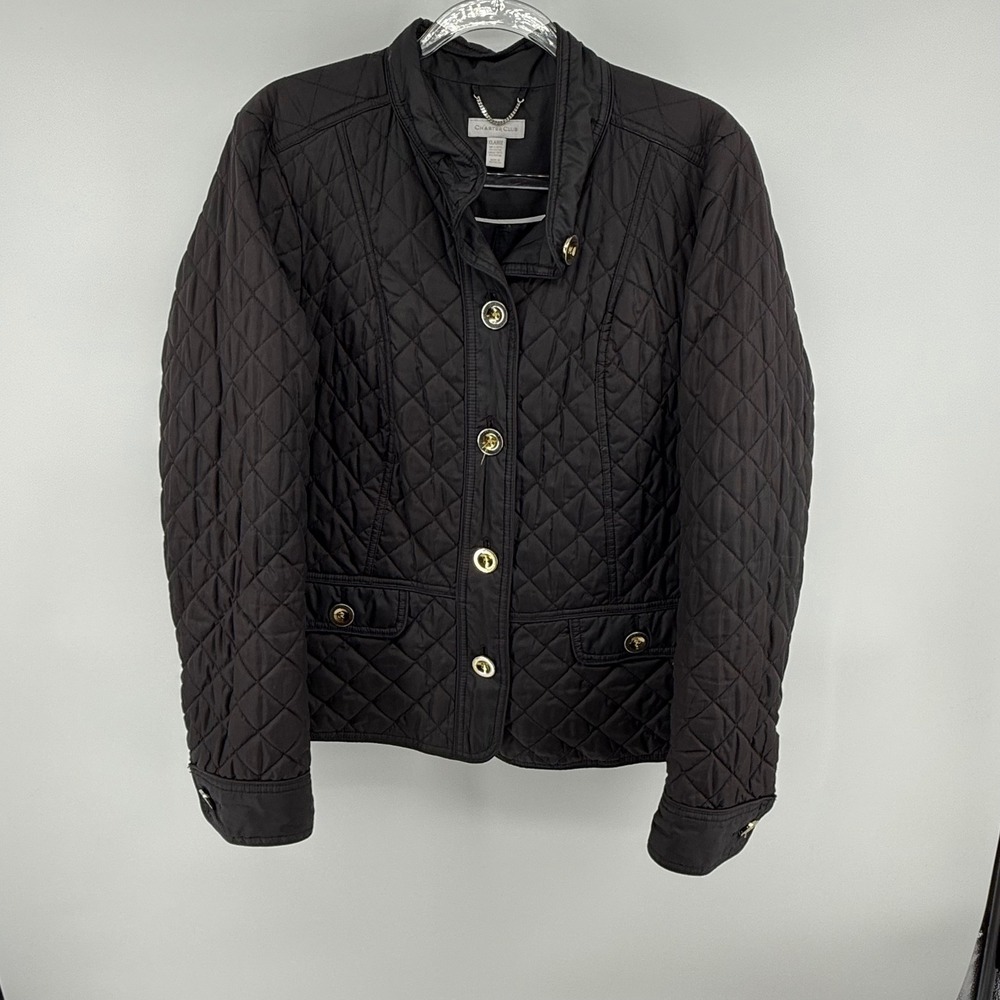 Charter Club Quilted Black Jacket Gold Button Pockets Collar Size XL